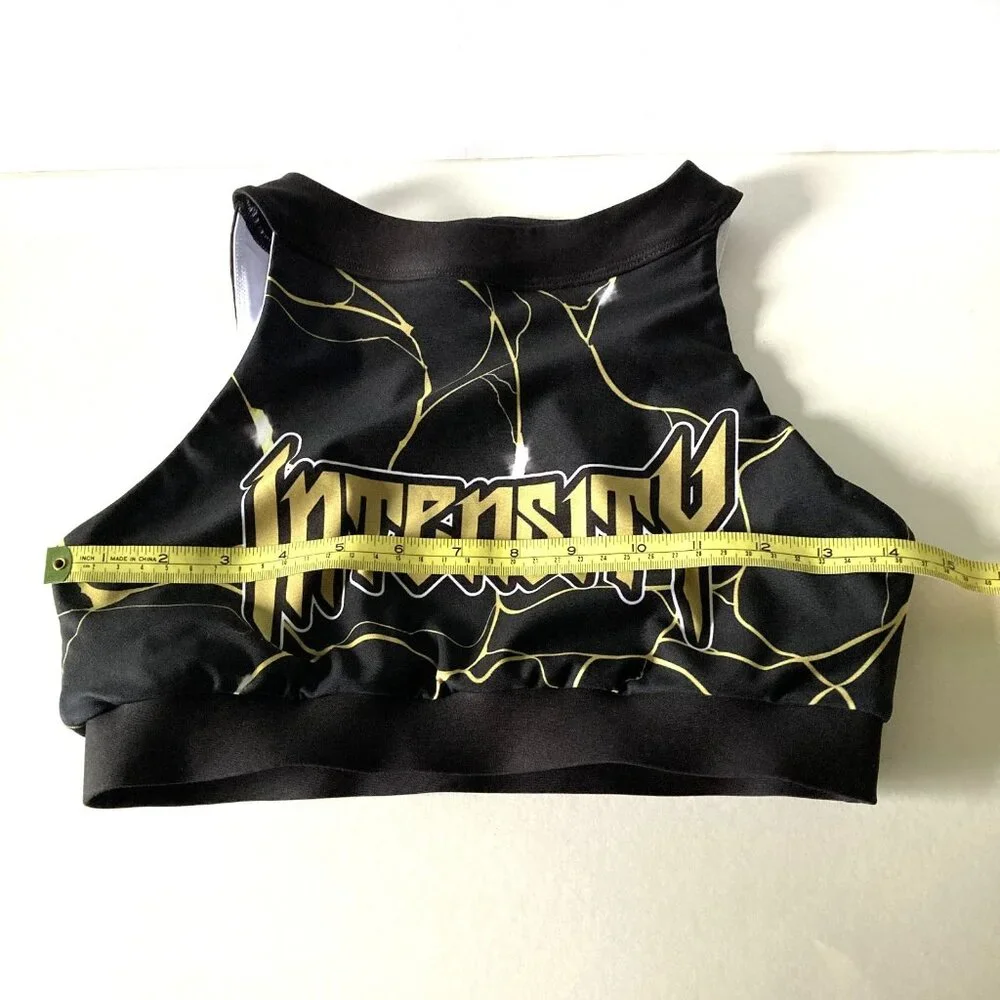 Forever Intensity Sports‎ Bra, Size Medium, Black Gold Mesh Stretchy Electric